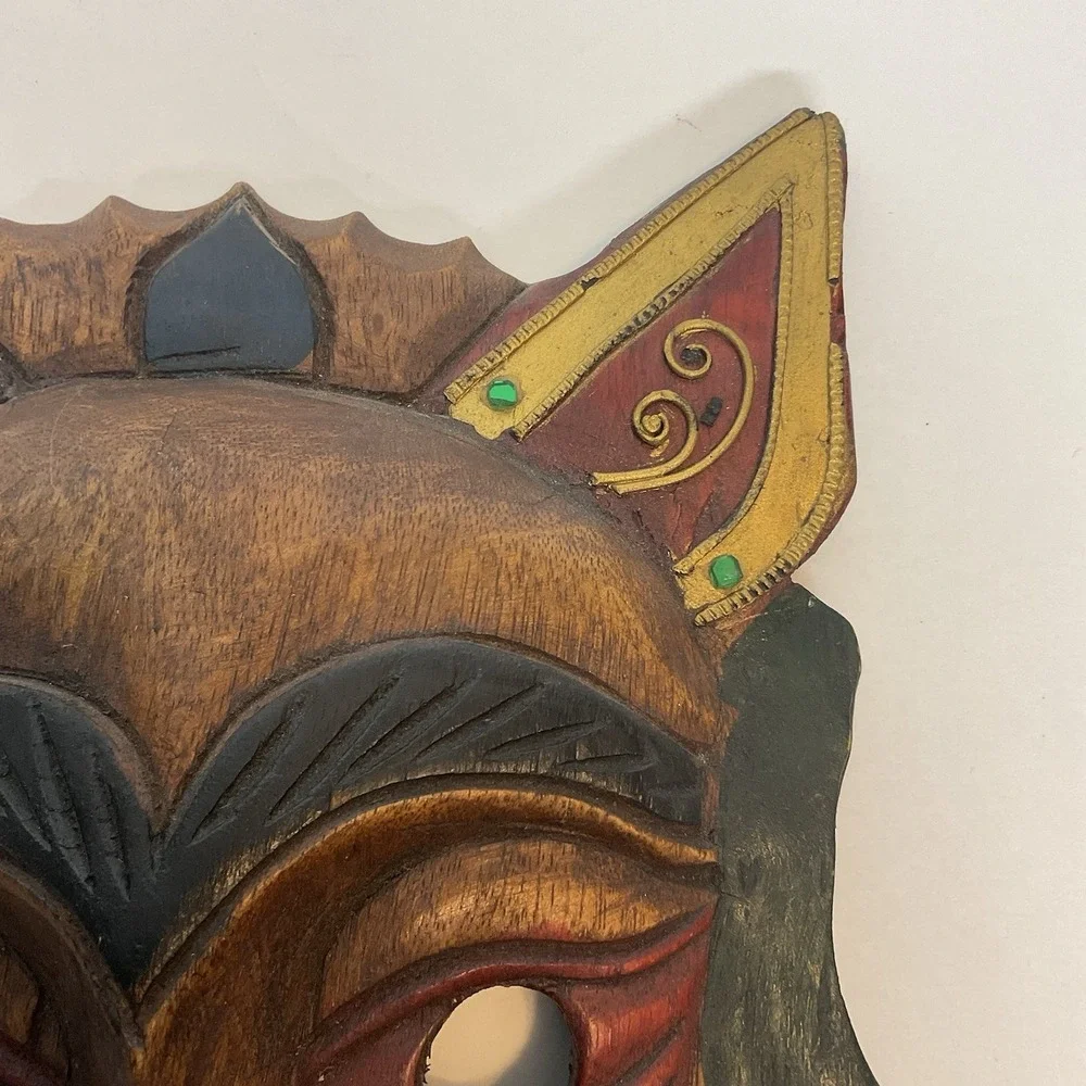 Vtg Hand Carved Wood Mask-Hand Carved & Painted-Decor - Rhinestones - 10 x 7 in.